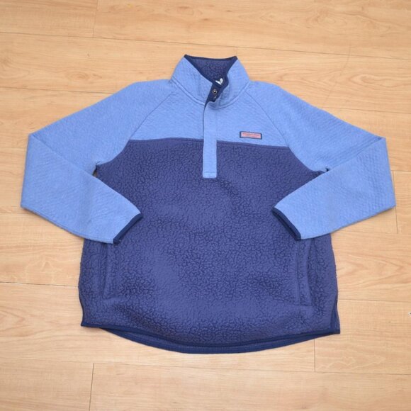 Vineyard Vines Women Blue Navy Color Block 1/4 Snap Fleece Pullover Pre Owned M - Picture 1 of 7